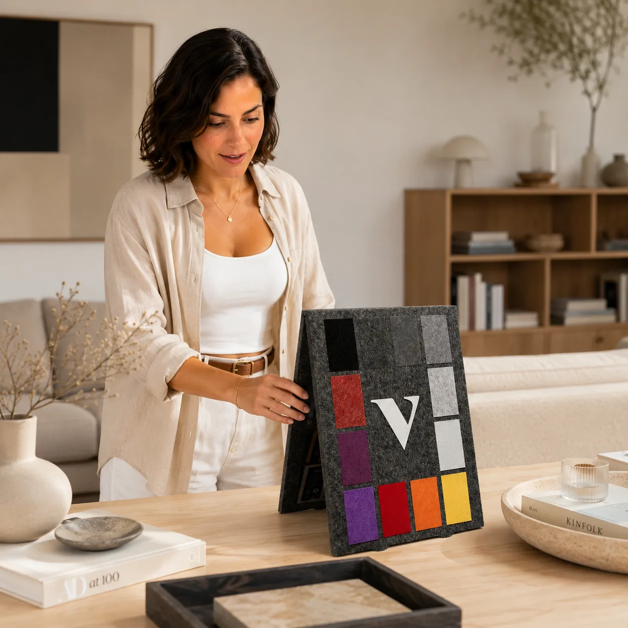 Woman browsing the sample box with felt swatches