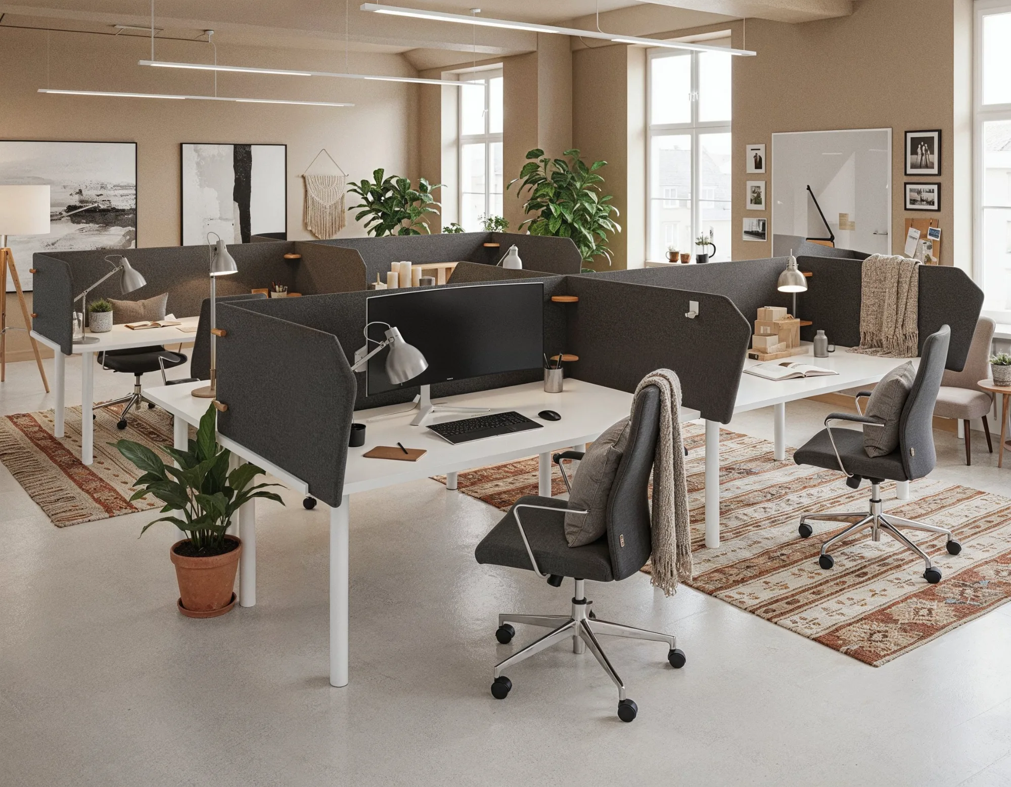 Office with Deskify TopDesk screens in dark grey PET-felt on white desks