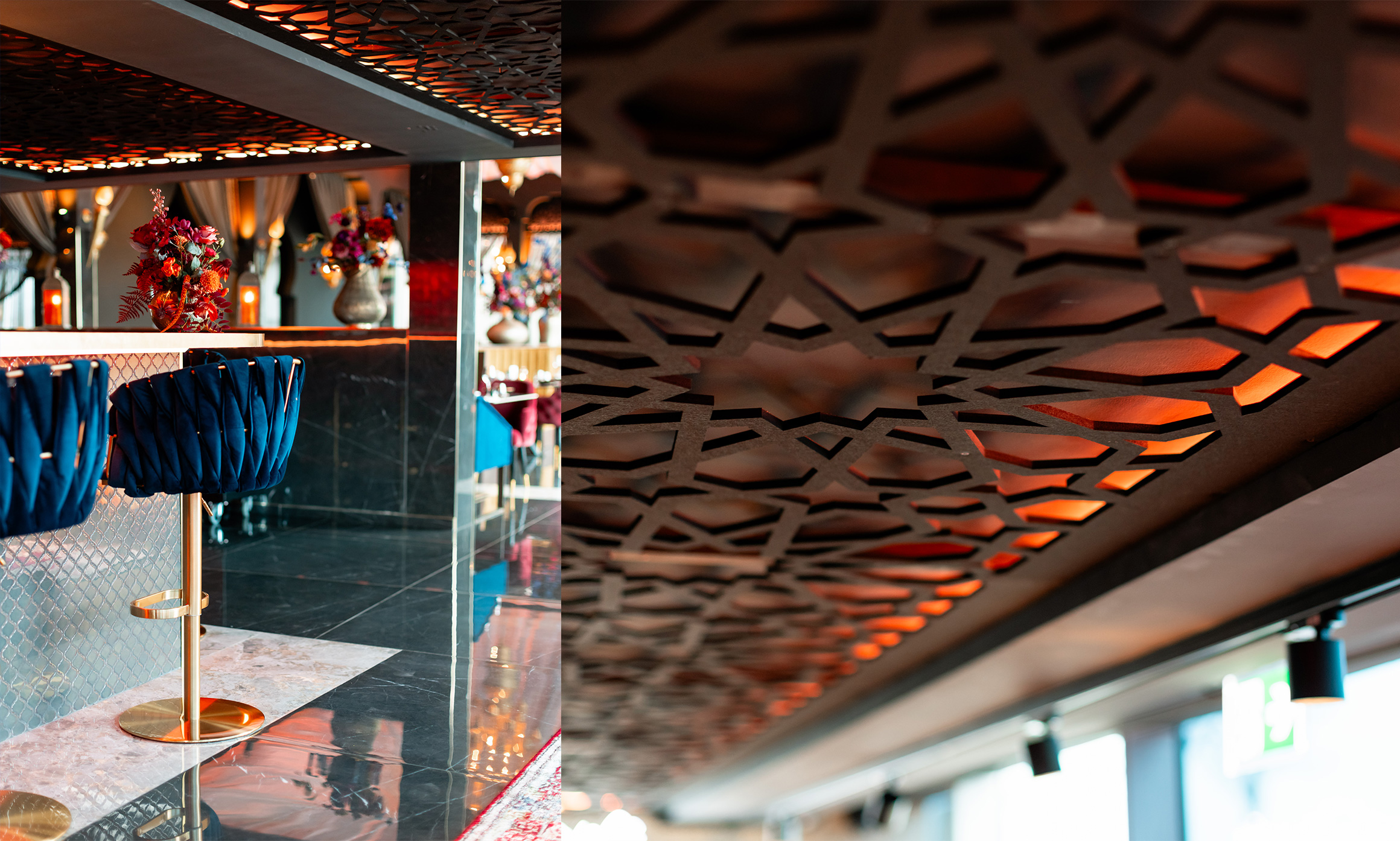 Op maat gesneden viltplafond met arabesk patroon in restaurant