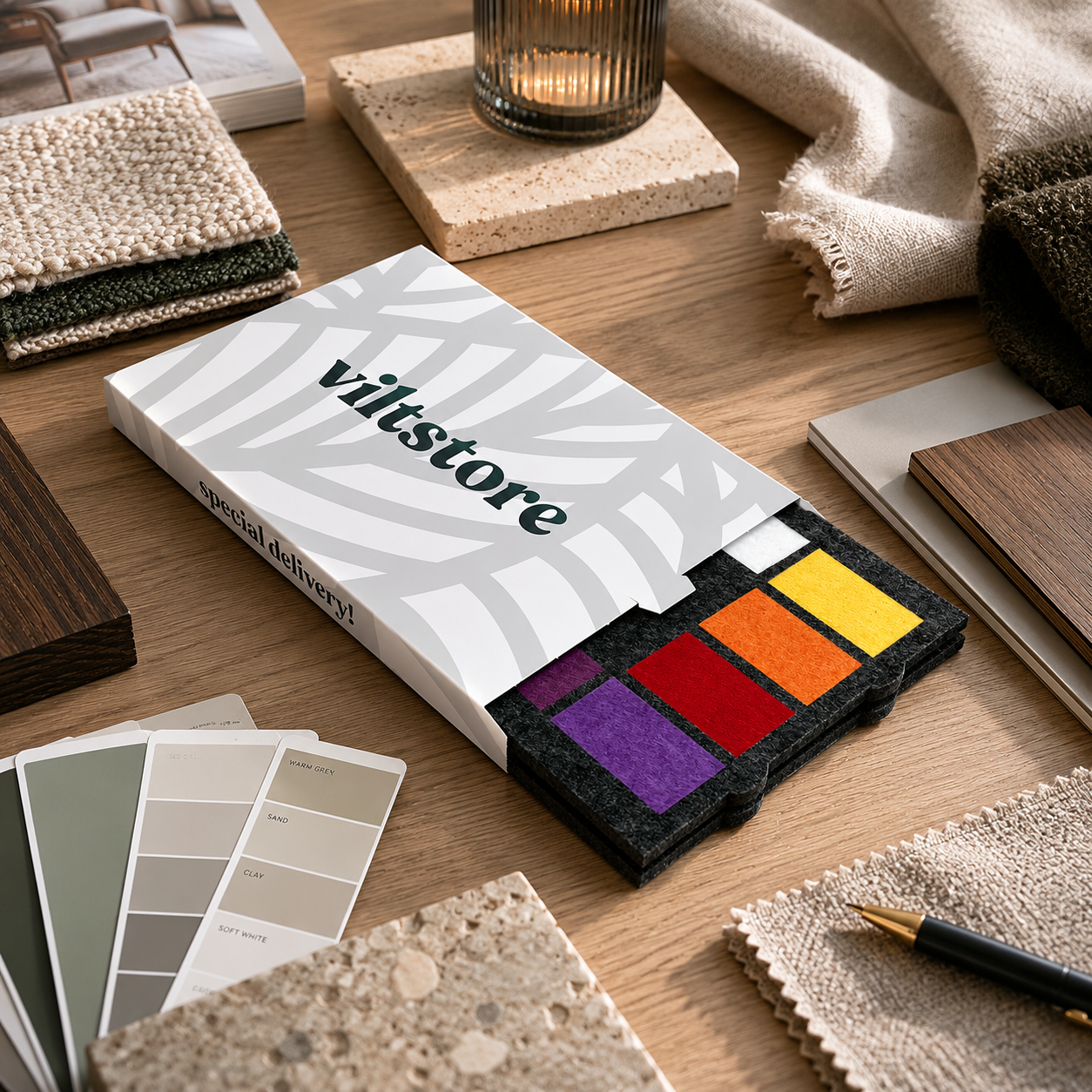 Samplebox met viltstalen in alle kleuren